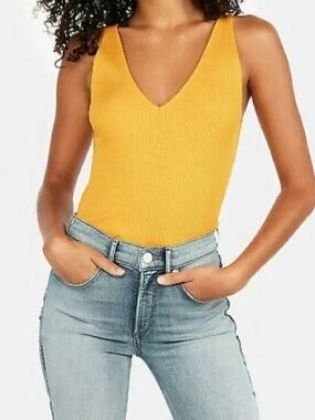 Express Ribbed V-Neck Tank Top - Yellow
